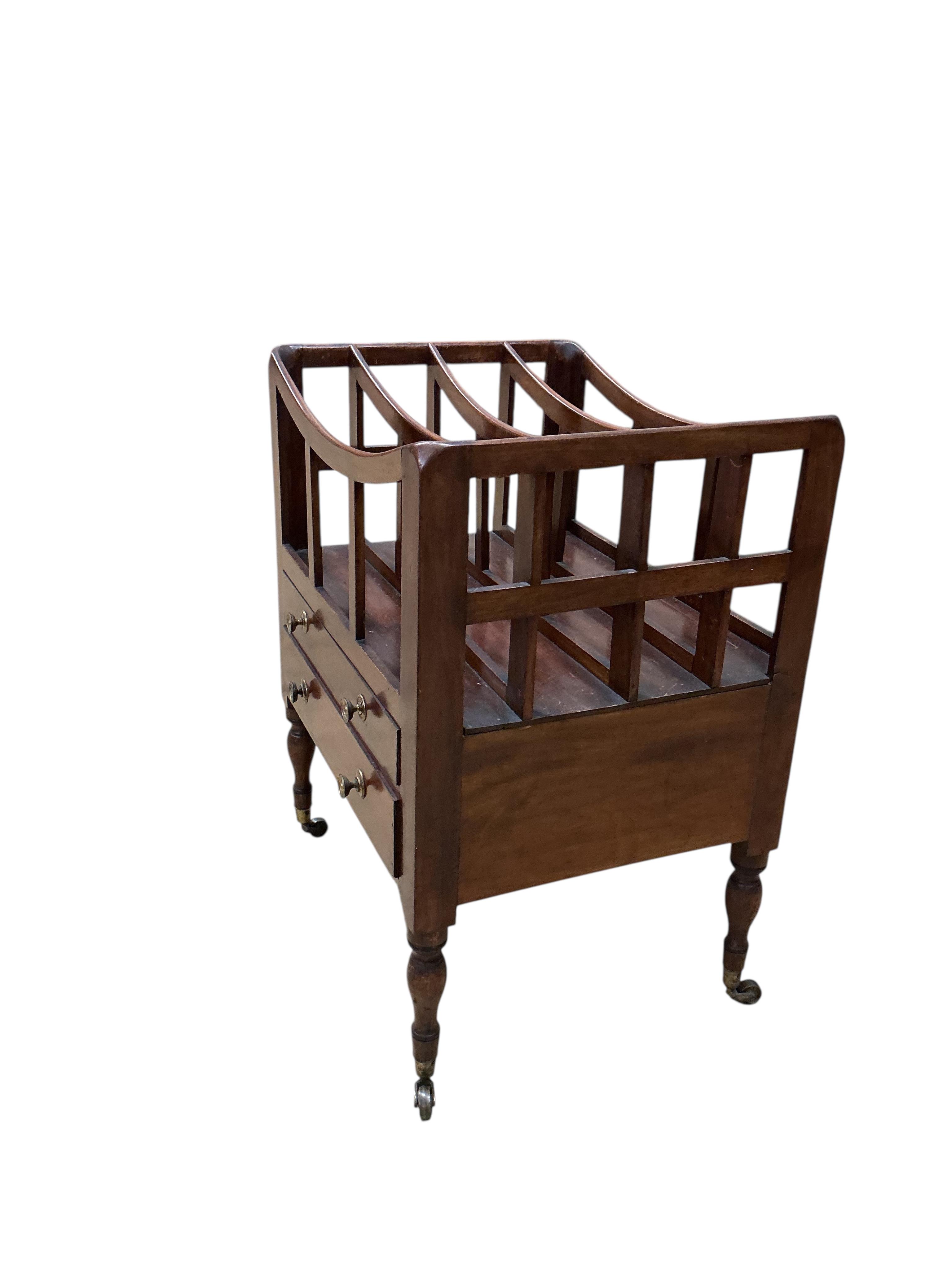 A Regency mahogany four division Canterbury with two base drawers, width 46cm, depth 36cm, height 59cm